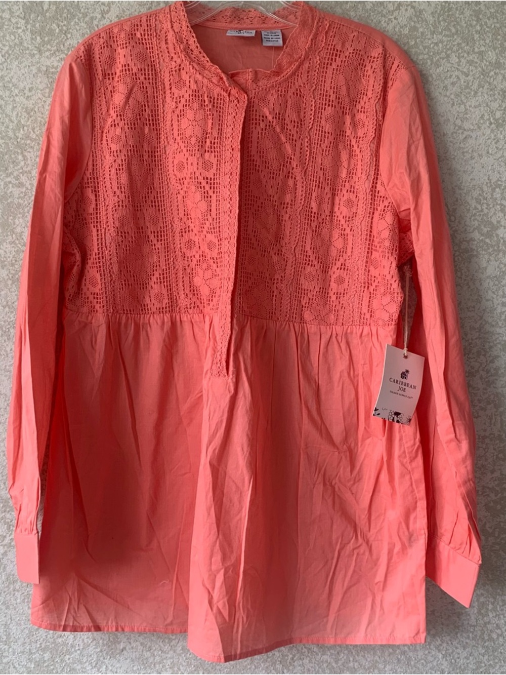Caribbean‎ Joe Coral Pink Lace Bodice Cotton Tunic Top Long Sleeve Large NEW